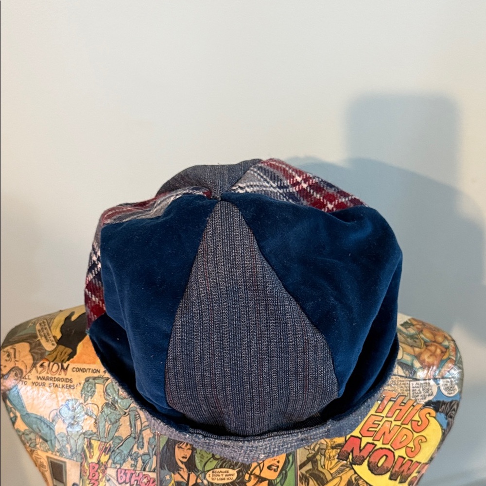 Vintage Patchwork Wool and Velour Newsboy Style Hat